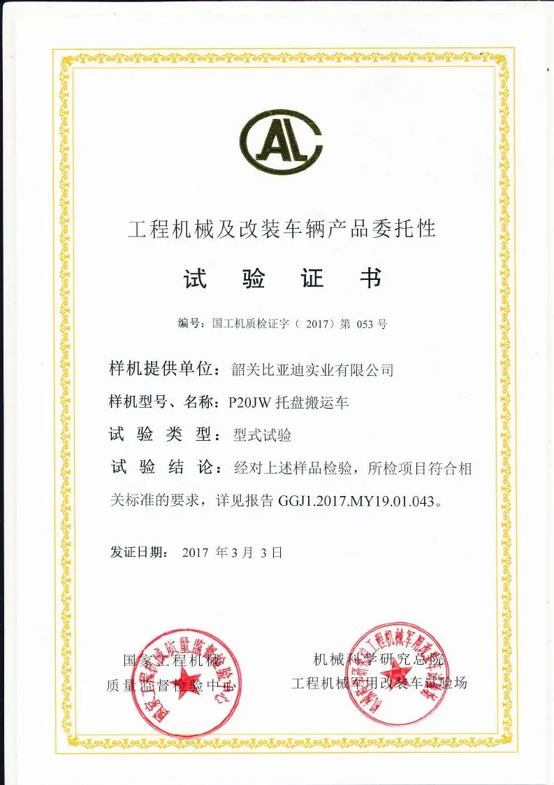 Certificado de prueba de tipo P20JW