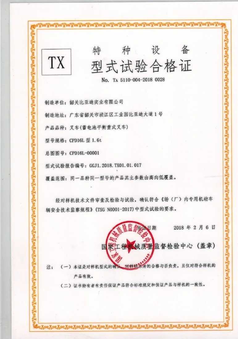 Certificado de prueba de tipo CPD16L 1,6t